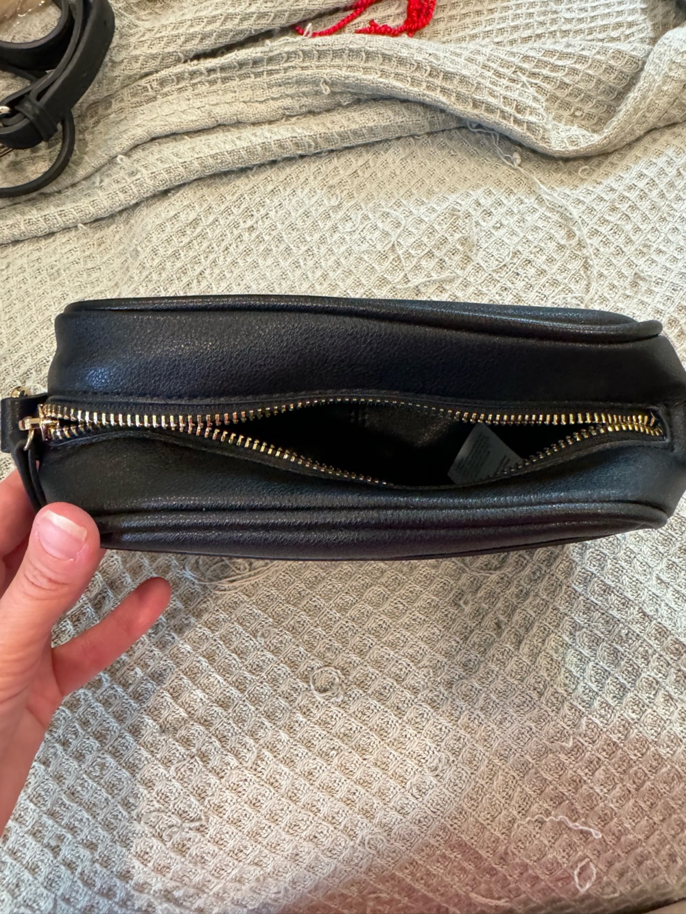 Black Leather Crossbody Bag with Gold-Zip Detail
